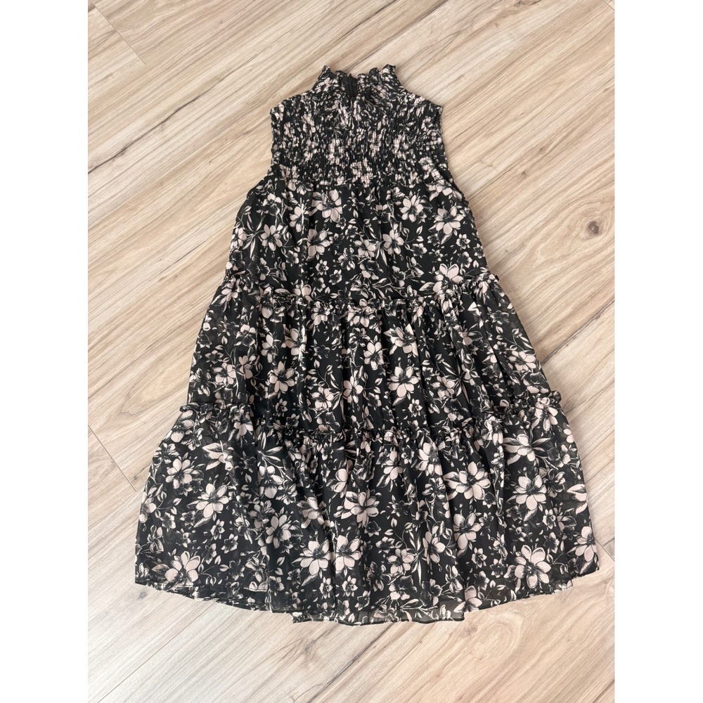 Taylor Floral Smocked High Neck Tiered Sleeveless Dress Black Ivory 2943MY XS